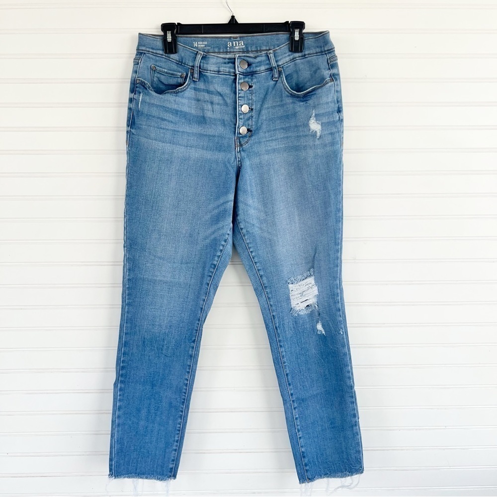 a.n.a High-Rise Skinny Jeans Size 14 Distressed Button Fly Raw Hem Medium Wash